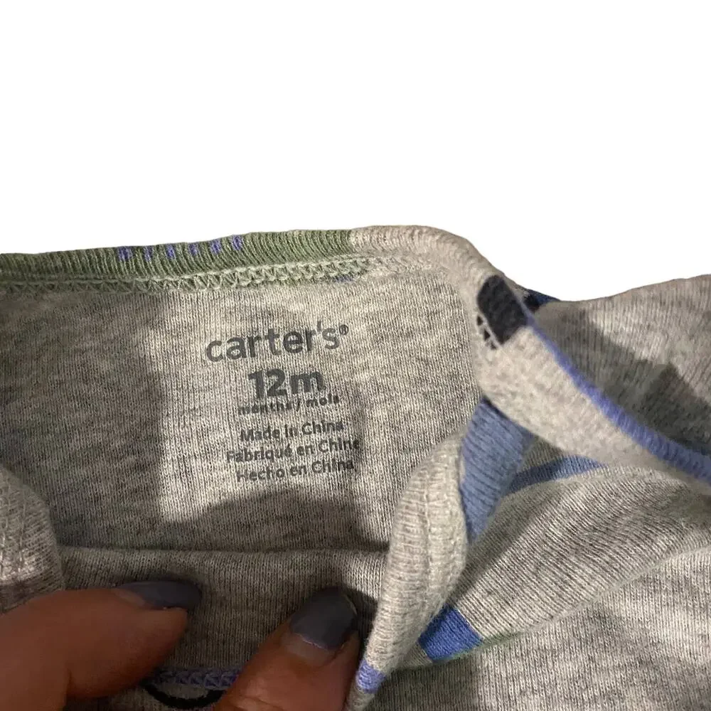 Carter's Gray Multi Color Car Logo Long Sleeve One Piece Baby Boy Sz 12M